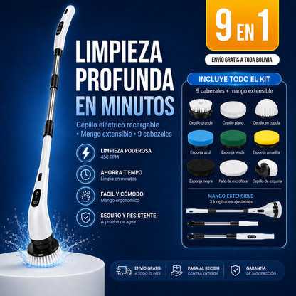 Cepillo Eléctrico 9 en 1 - Limpieza Sin Esfuerzo con Mango Extensible