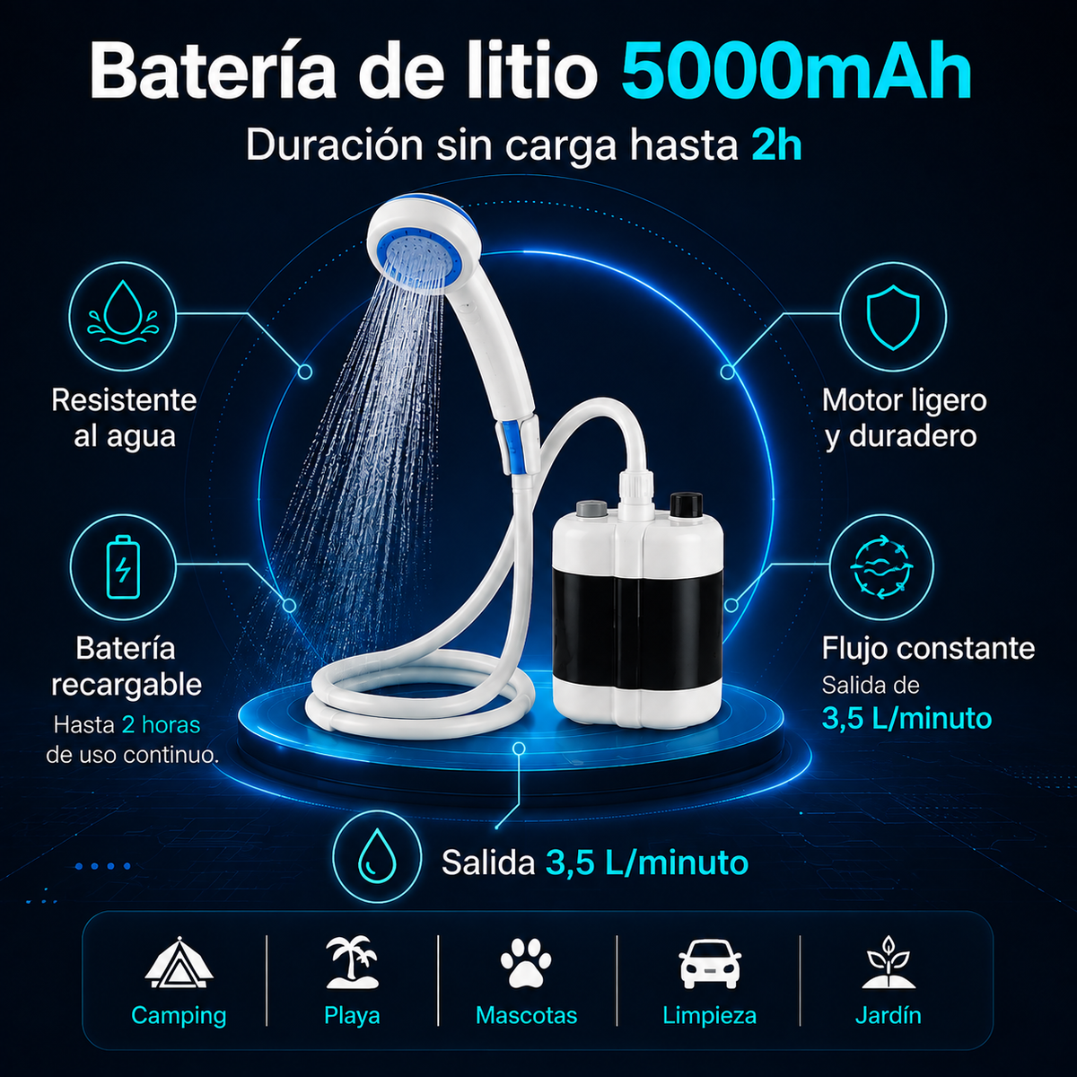 Ducha Portátil Recargable - Agua a Presión Sin Grifo Ni Instalación