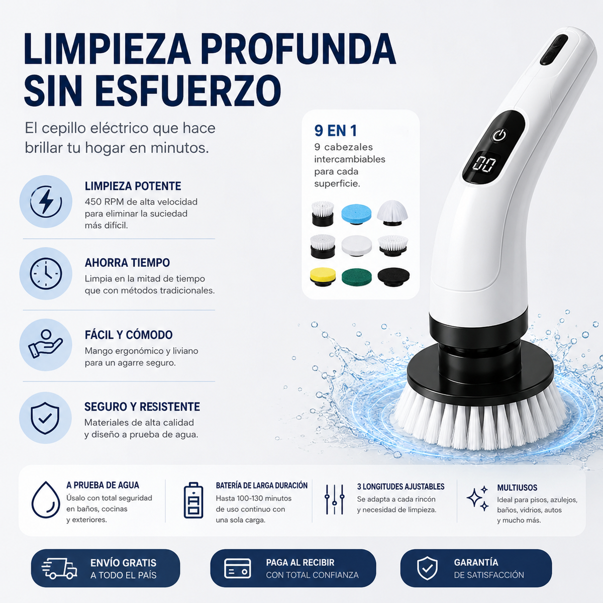 Cepillo Eléctrico 9 en 1 - Limpieza Sin Esfuerzo con Mango Extensible