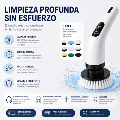 Cepillo Eléctrico 9 en 1 - Limpieza Sin Esfuerzo con Mango Extensible