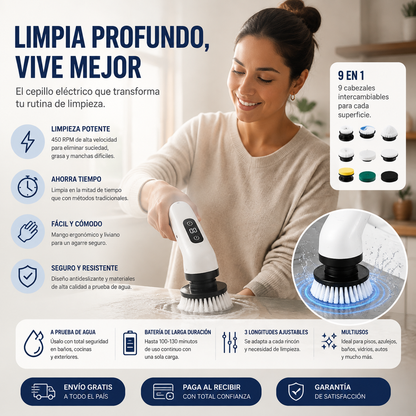 Cepillo Eléctrico 9 en 1 - Limpieza Sin Esfuerzo con Mango Extensible