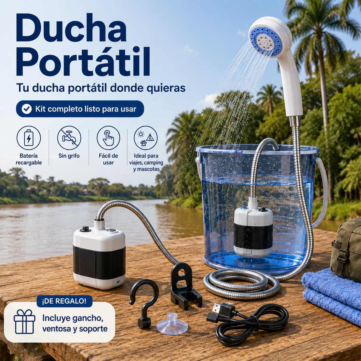 Ducha Portátil Recargable - Agua a Presión Sin Grifo Ni Instalación