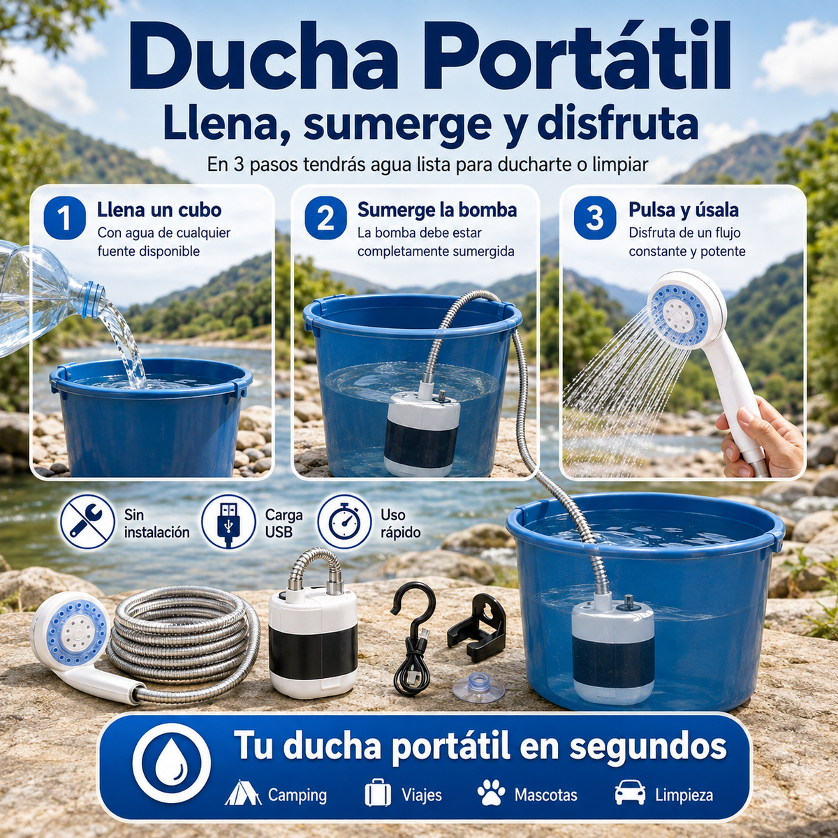 Ducha Portátil Recargable - Agua a Presión Sin Grifo Ni Instalación
